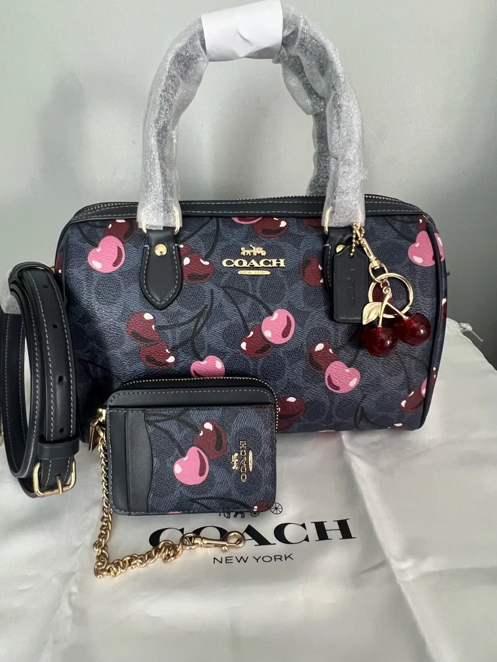 Rowan Satchel Bag Signature Canvas With Cherry 🍒Print Denim Multi Set